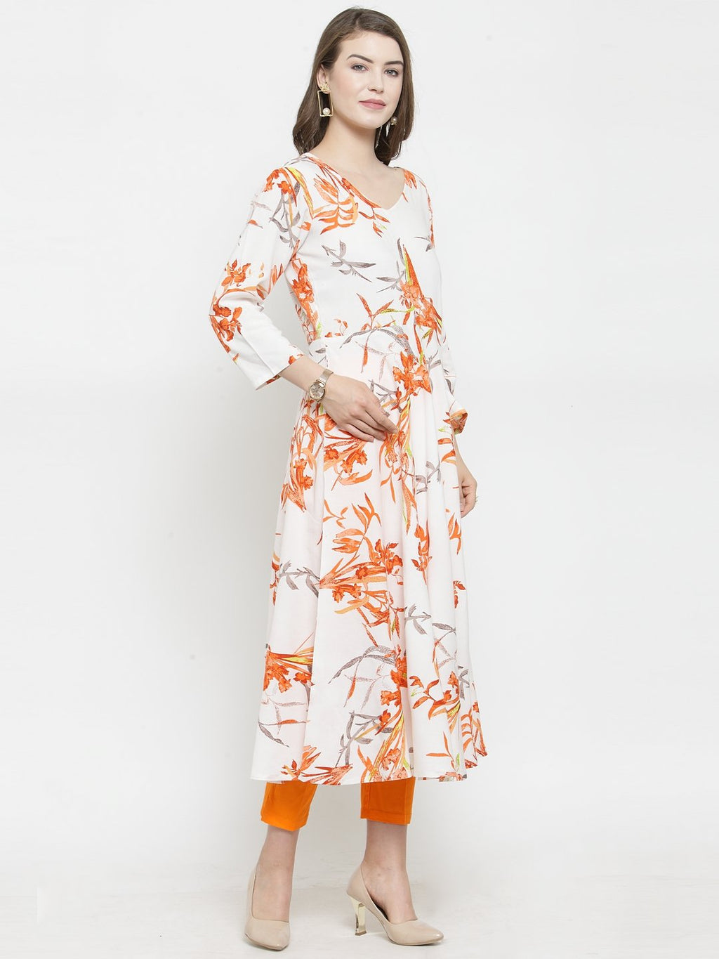 Jompers Women White & Orange Floral Printed Rayon Flared Kurta | Grocsy
