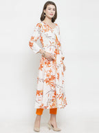 Jompers Women White & Orange Floral Printed Rayon Flared Kurta | Grocsy