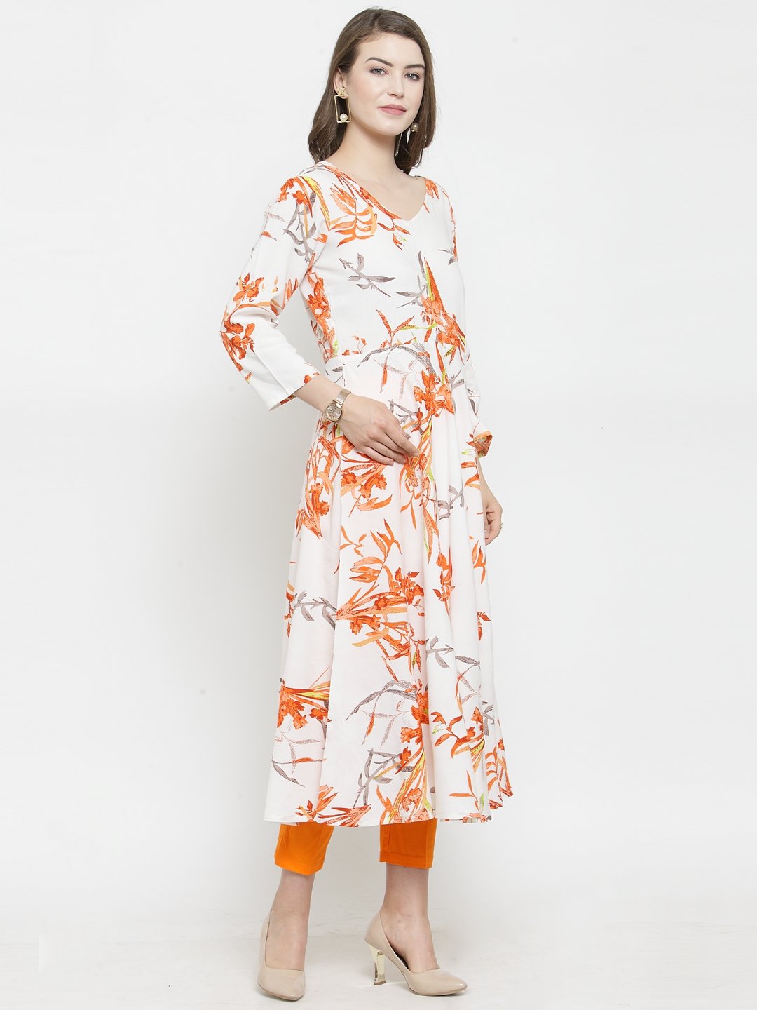 Jompers Women White & Orange Floral Printed Rayon Flared Kurta | Grocsy