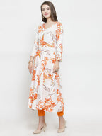 Jompers Women White & Orange Floral Printed Rayon Flared Kurta | Grocsy