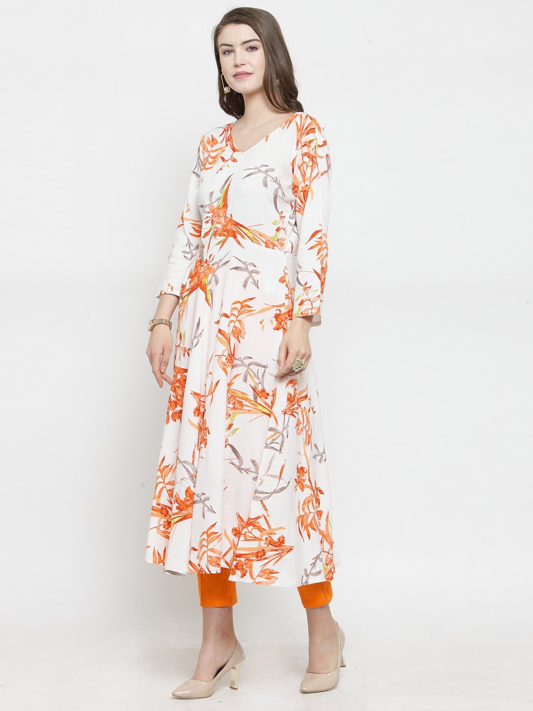 Jompers Women White & Orange Floral Printed Rayon Flared Kurta | Grocsy