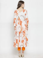Jompers Women White & Orange Floral Printed Rayon Flared Kurta | Grocsy