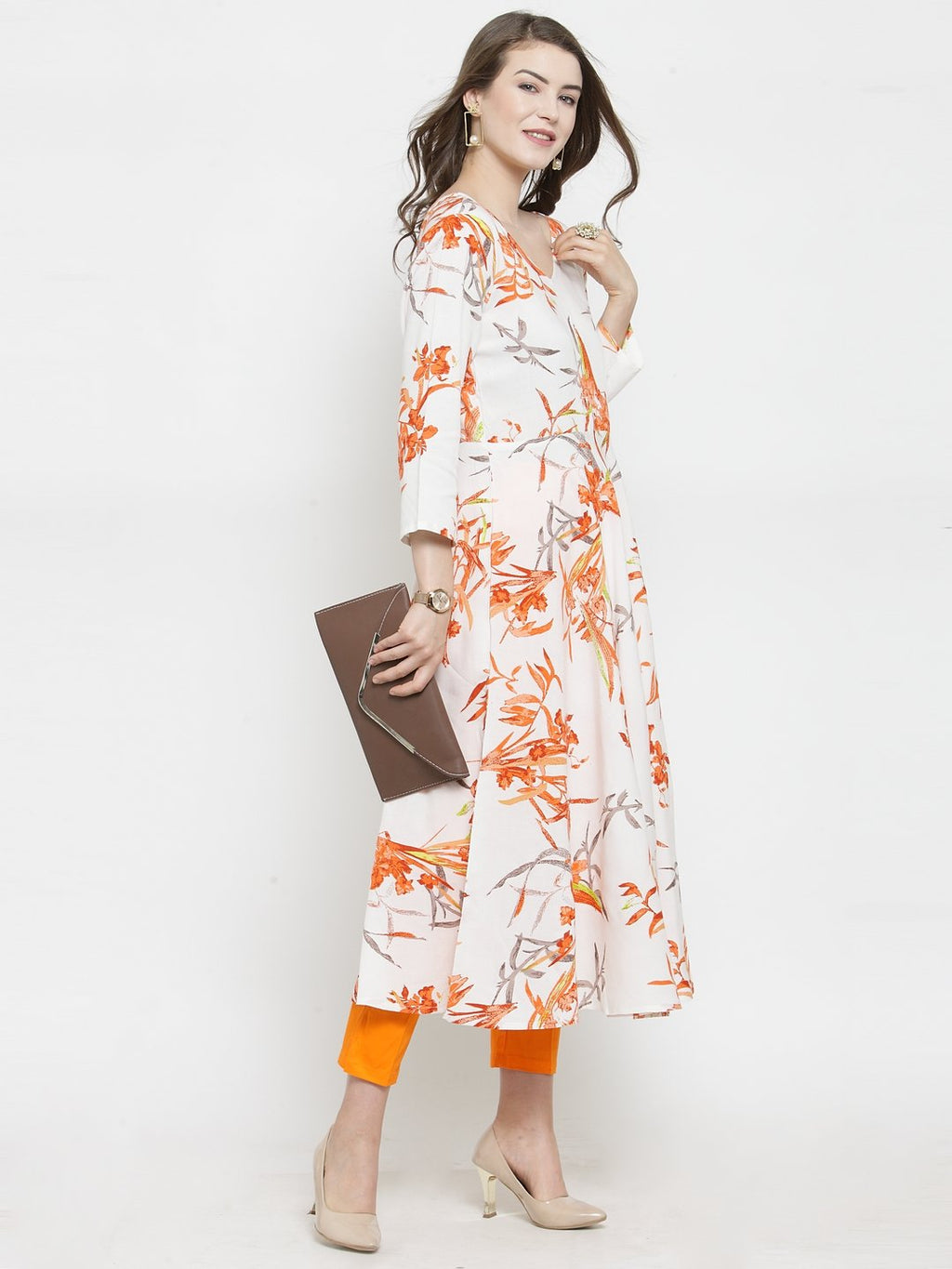 Jompers Women White & Orange Floral Printed Rayon Flared Kurta | Grocsy
