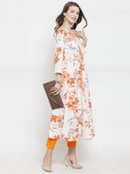 Jompers Women White & Orange Floral Printed Rayon Flared Kurta | Grocsy