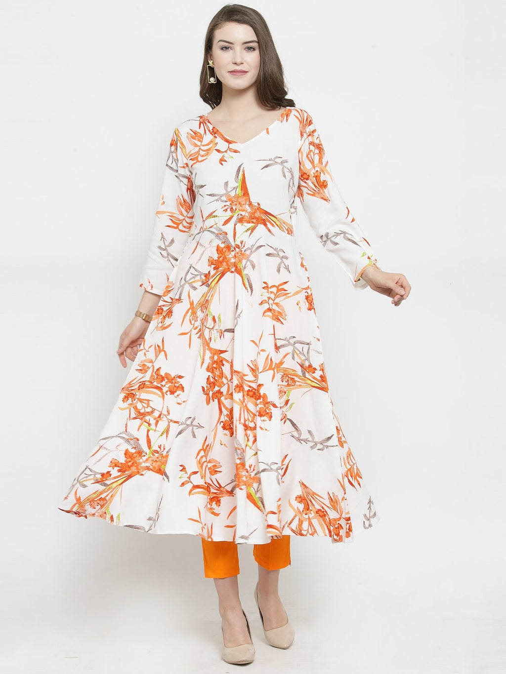 Jompers Women White & Orange Floral Printed Rayon Flared Kurta | Grocsy
