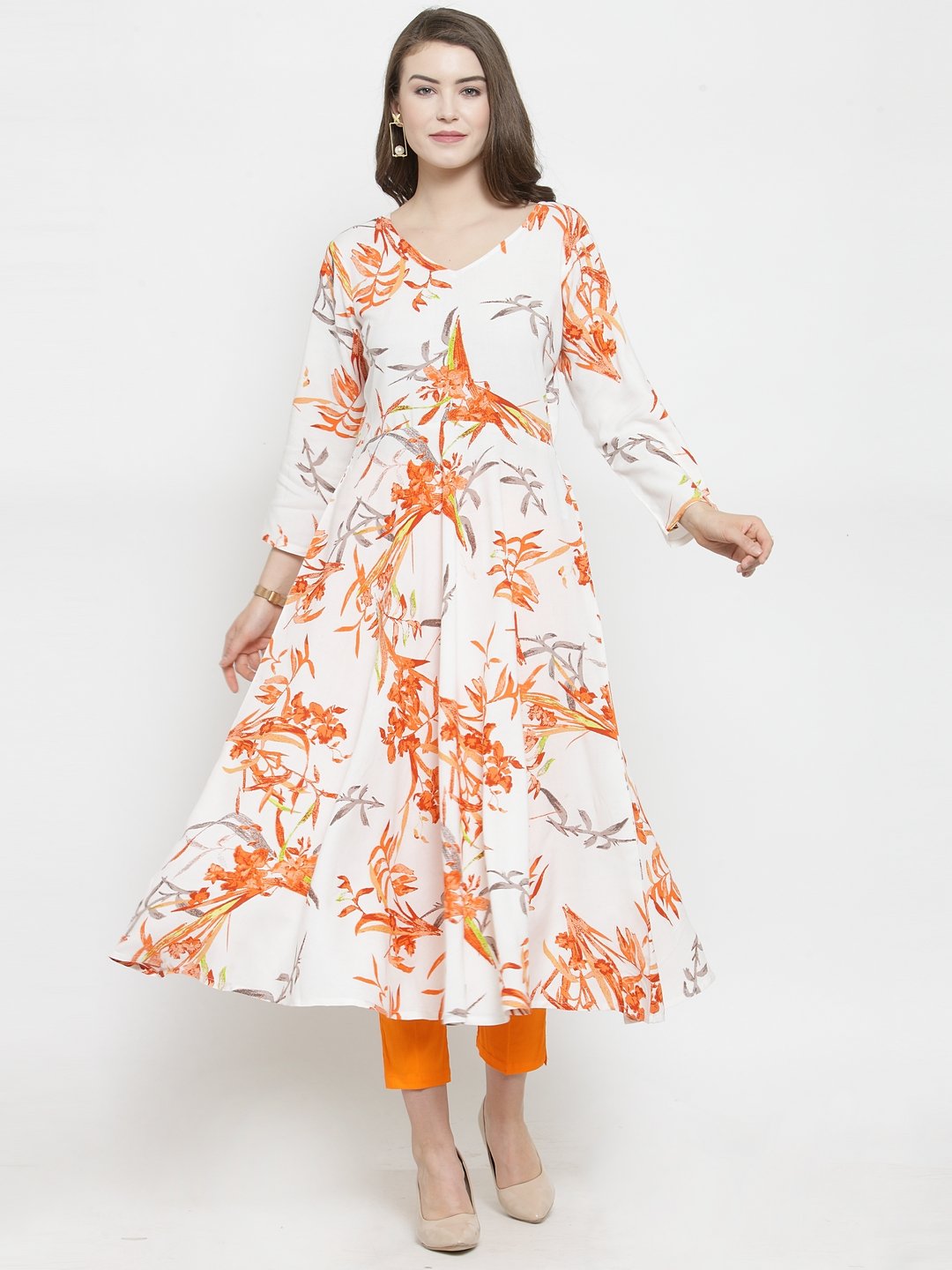 Jompers Women White & Orange Floral Printed Rayon Flared Kurta | Grocsy
