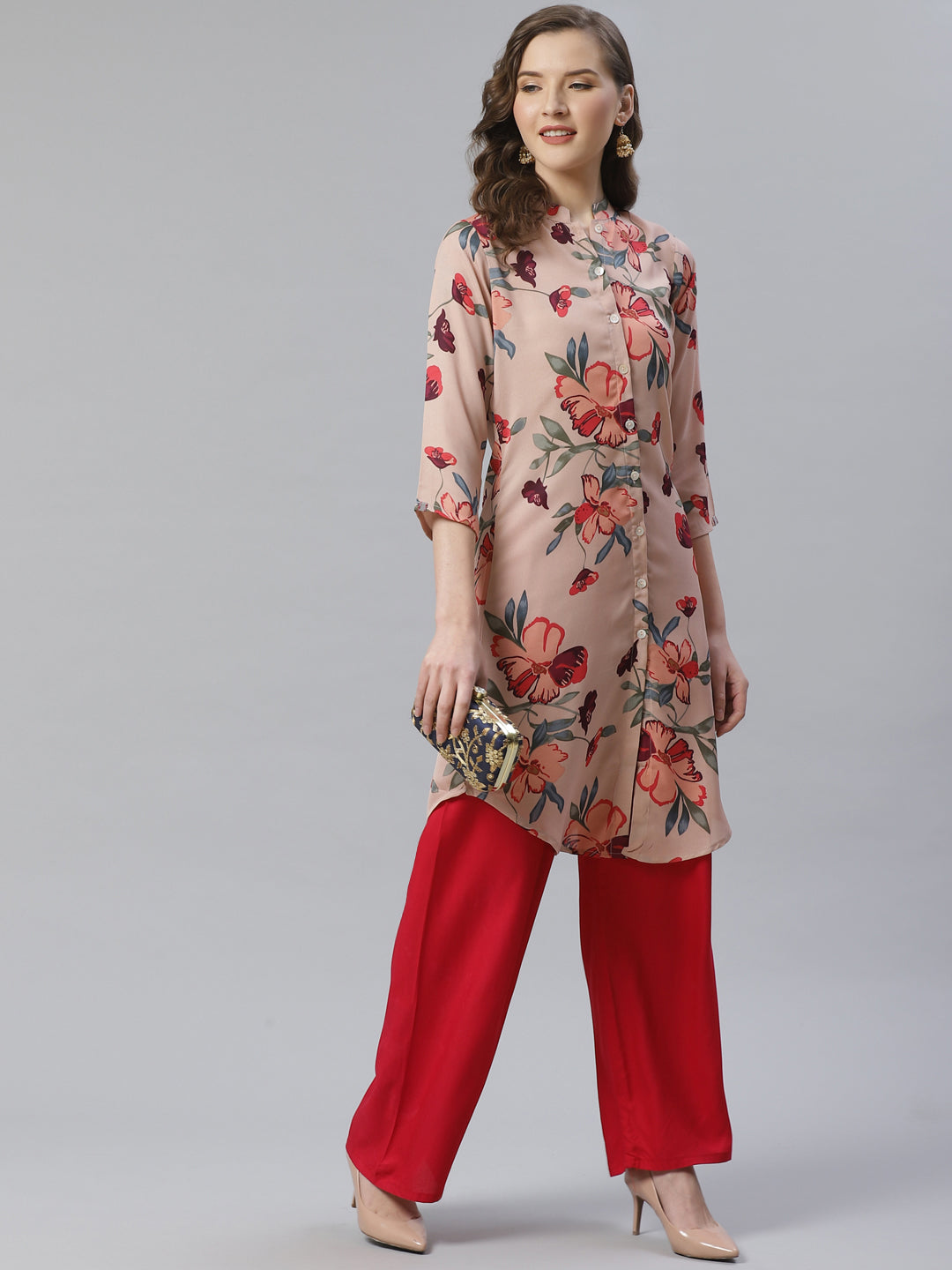 Jompers Women Peach & Red Printed Summer-cool A-line Kurta | Grocsy