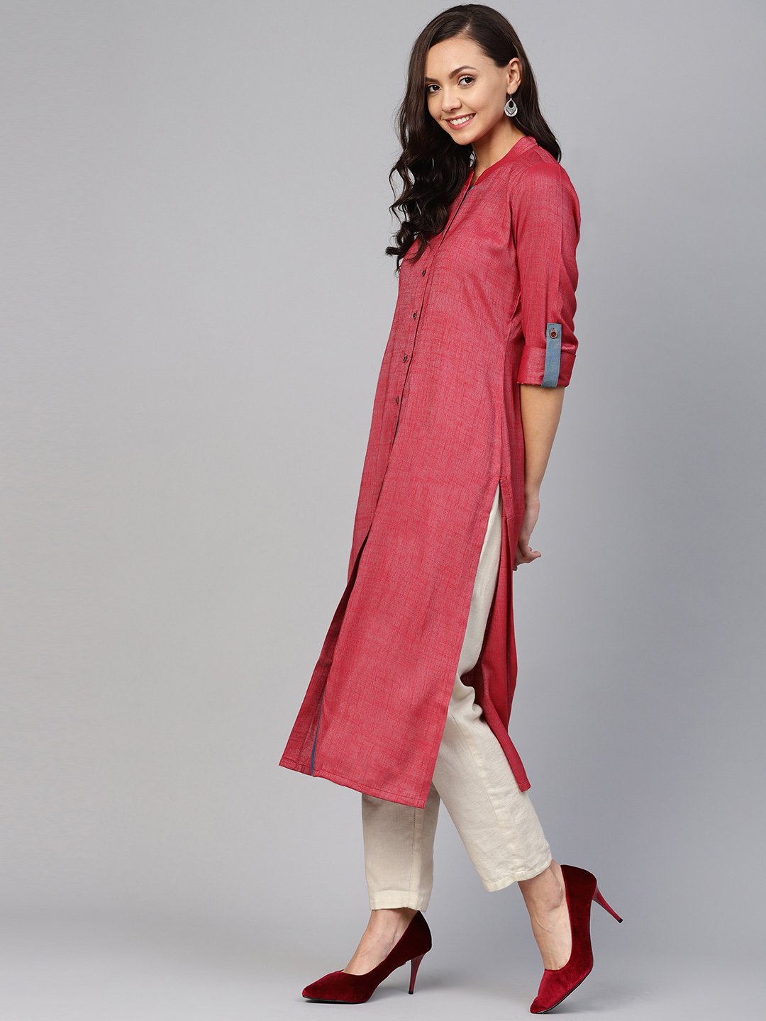 Jompers Women Maroon Woven Design Straight Rayon Kurta | Grocsy