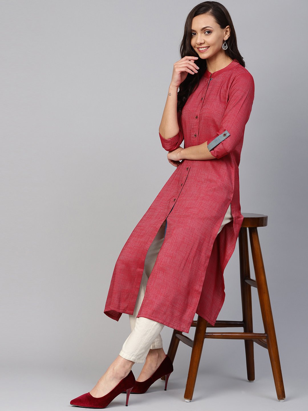 Jompers Women Maroon Woven Design Straight Rayon Kurta with Trousers | Grocsy