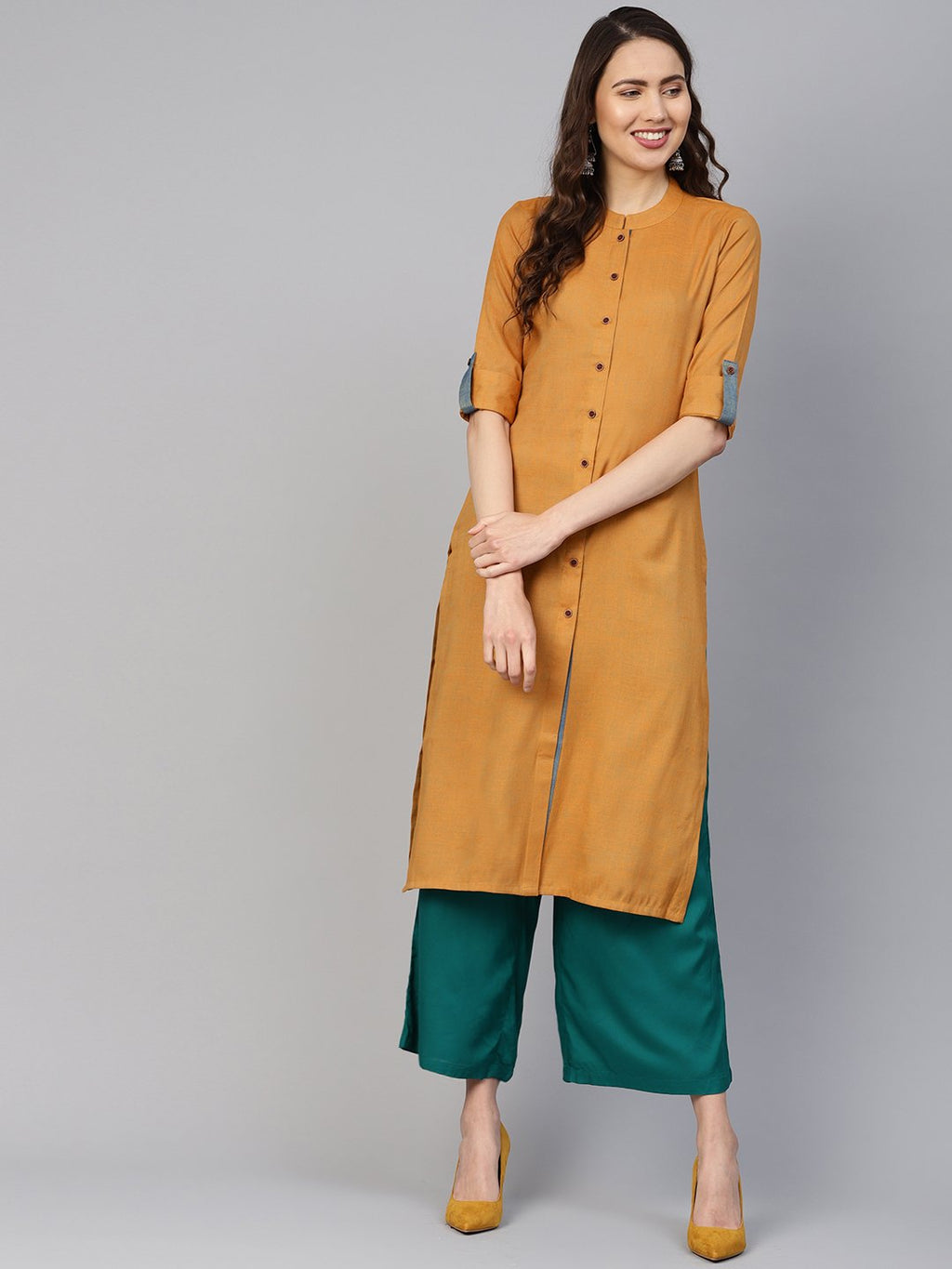 Jompers Women Mustard Woven Design Straight Rayon Kurta | Grocsy