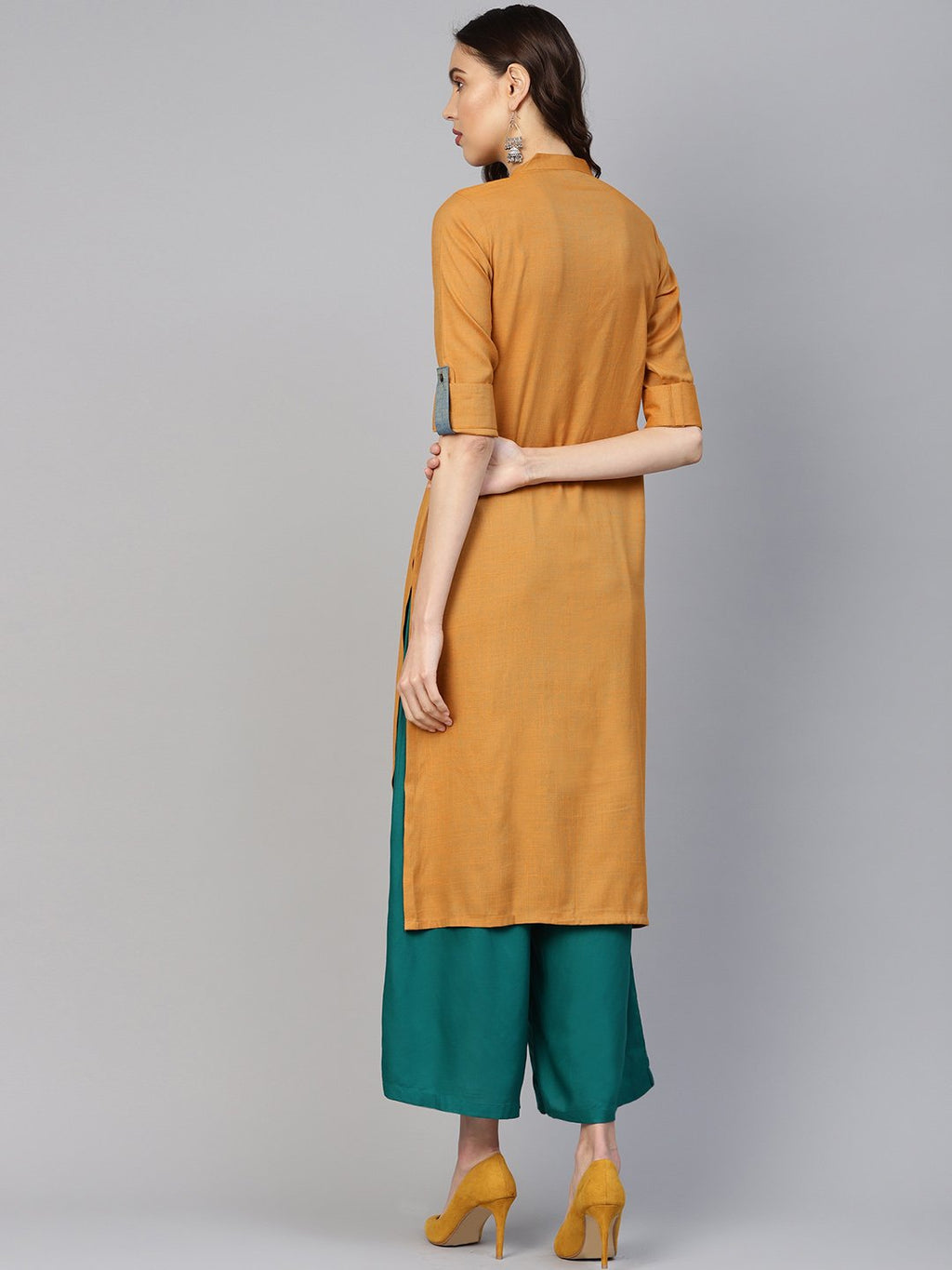 Jompers Women Mustard Woven Design Straight Rayon Kurta | Grocsy