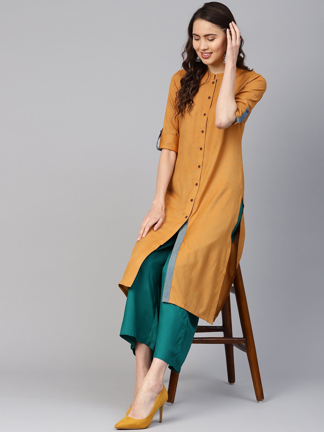 Jompers Women Mustard Woven Design Straight Rayon Kurta | Grocsy