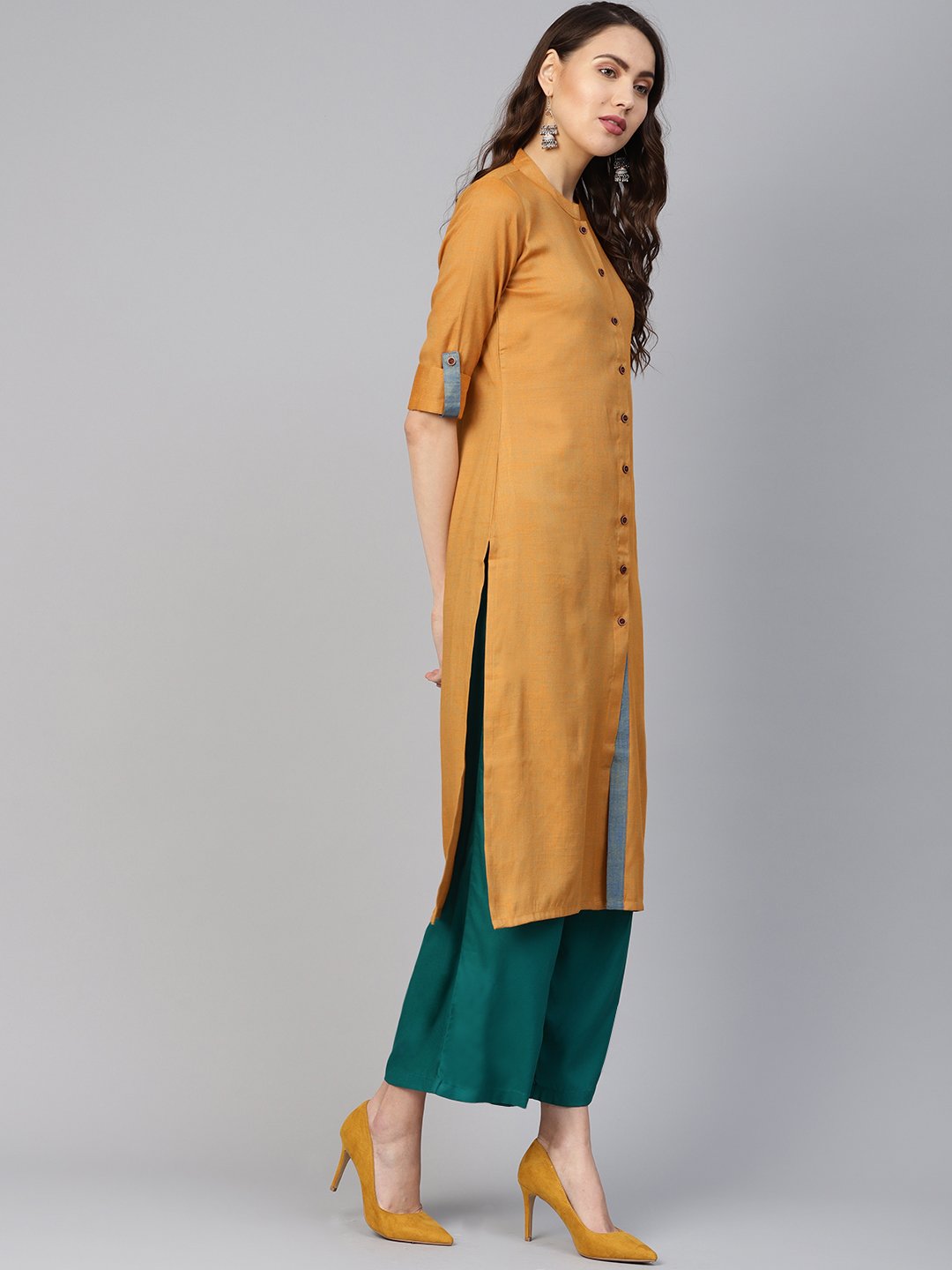 Jompers Women Mustard Woven Design Straight Rayon Kurta | Grocsy