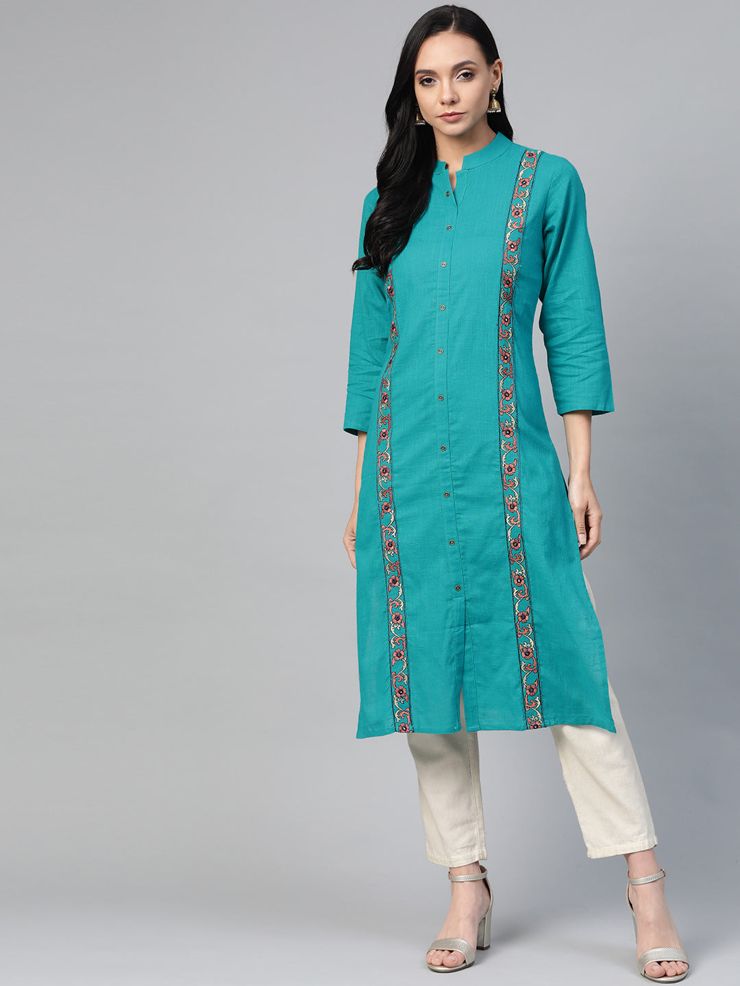 Jompers Women Green Embroidered Detail Straight Kurta | Grocsy