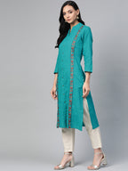 Jompers Women Green Embroidered Detail Straight Kurta | Grocsy