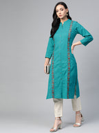 Jompers Women Green Embroidered Detail Straight Kurta | Grocsy