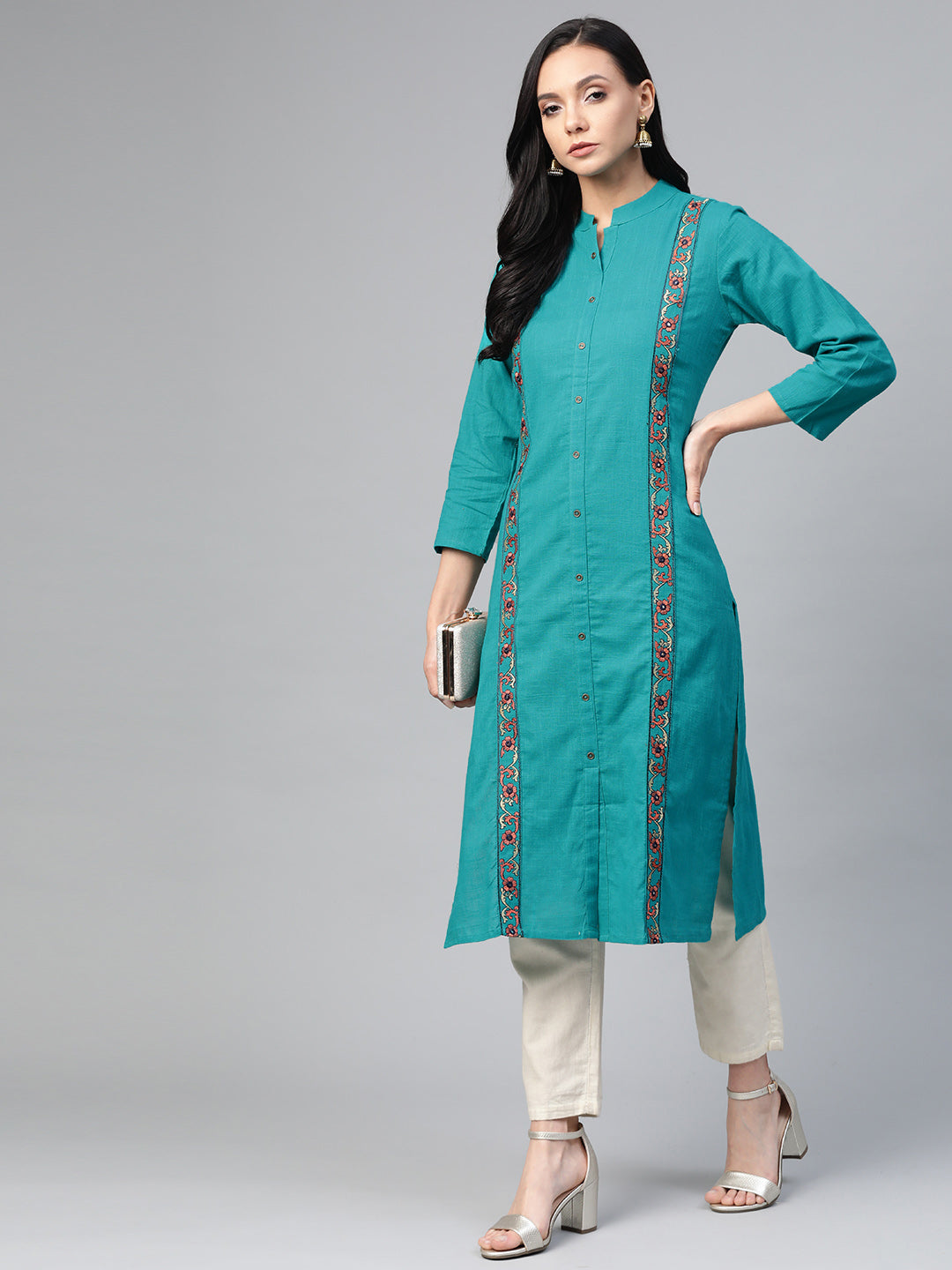 Jompers Women Green Embroidered Detail Straight Kurta | Grocsy