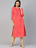Jompers Women Peach Cotton Straight Kurta with Pintucks | Grocsy