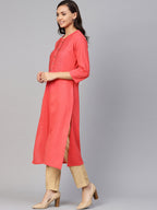 Jompers Women Peach Cotton Straight Kurta with Pintucks | Grocsy