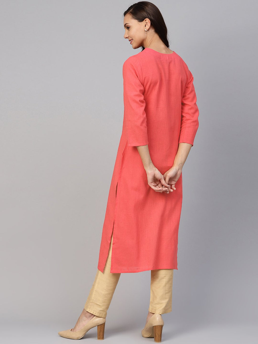 Jompers Women Peach Cotton Straight Kurta with Pintucks | Grocsy