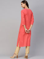 Jompers Women Peach Cotton Straight Kurta with Pintucks | Grocsy