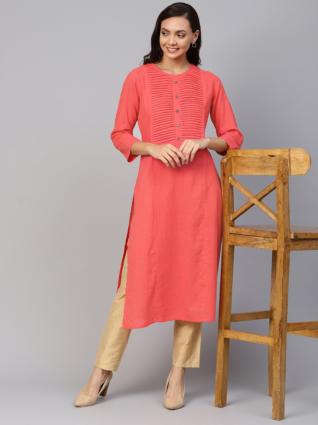Jompers Women Peach Cotton Straight Kurta with Pintucks | Grocsy