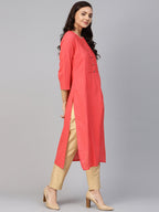 Jompers Women Peach Cotton Straight Kurta with Pintucks | Grocsy