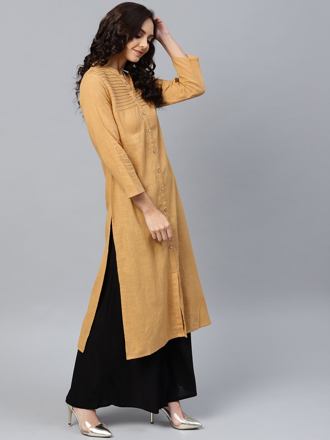 Jompers Women Beige Cotton Straight Kurta with Pintucks | Grocsy