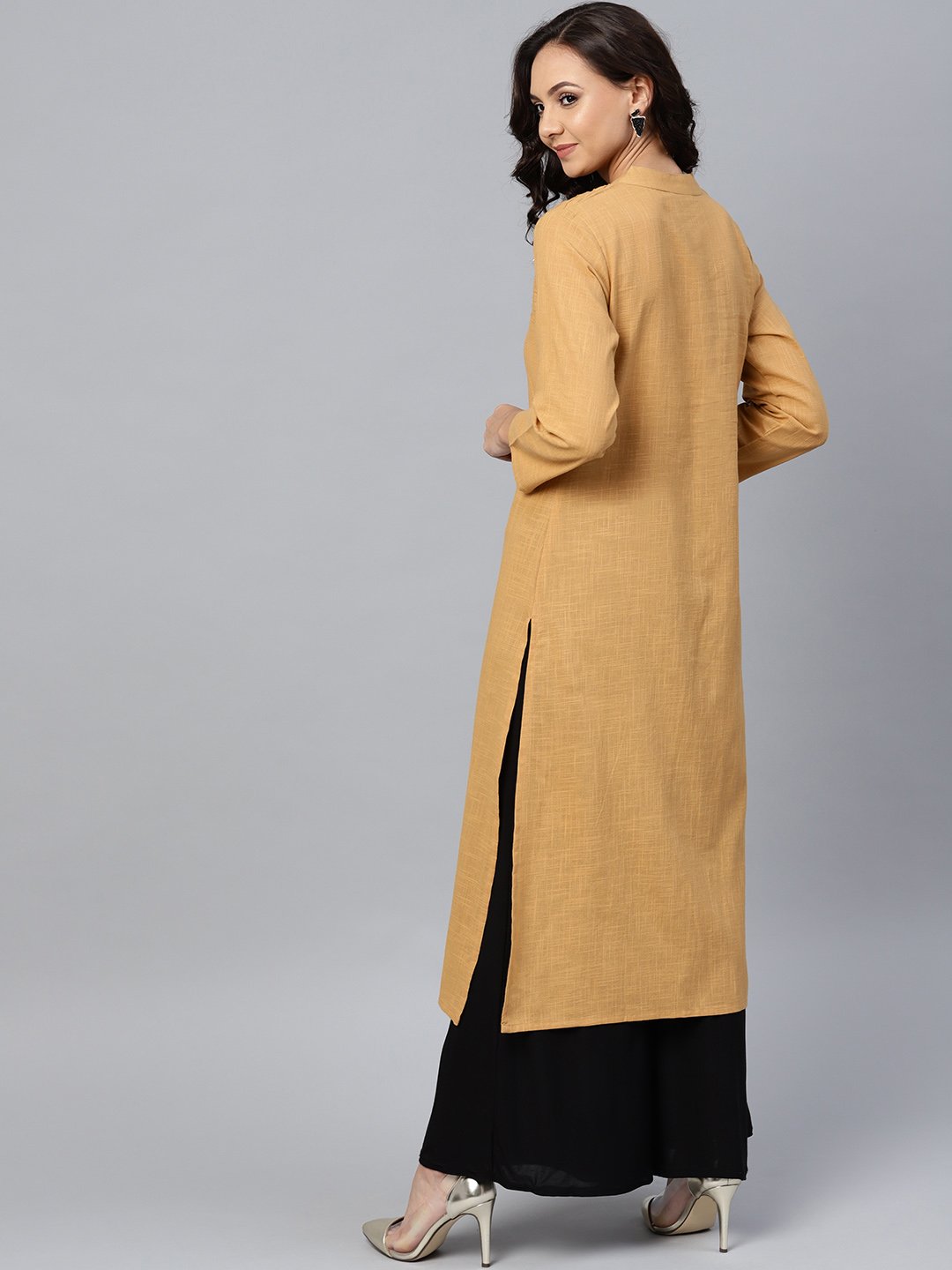 Jompers Women Beige Cotton Straight Kurta with Pintucks | Grocsy