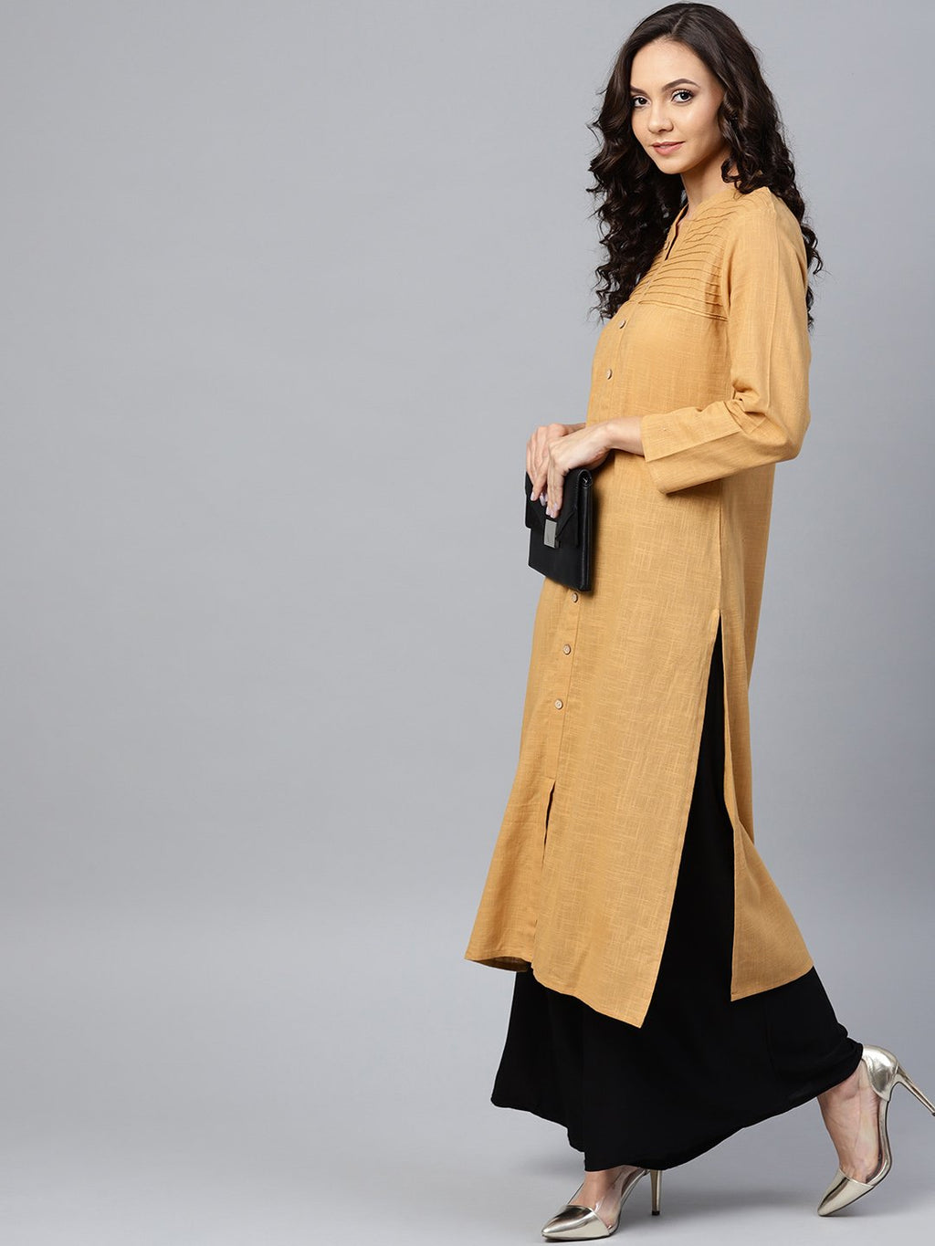 Jompers Women Beige Cotton Straight Kurta with Pintucks | Grocsy