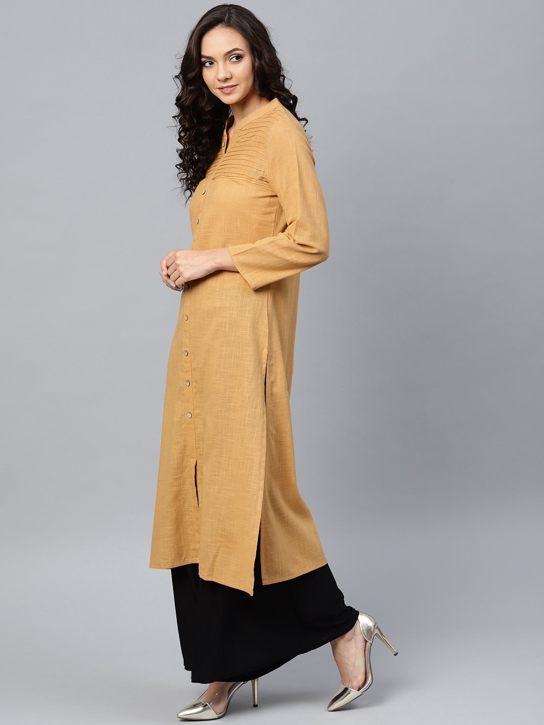 Jompers Women Beige Cotton Straight Kurta with Pintucks | Grocsy