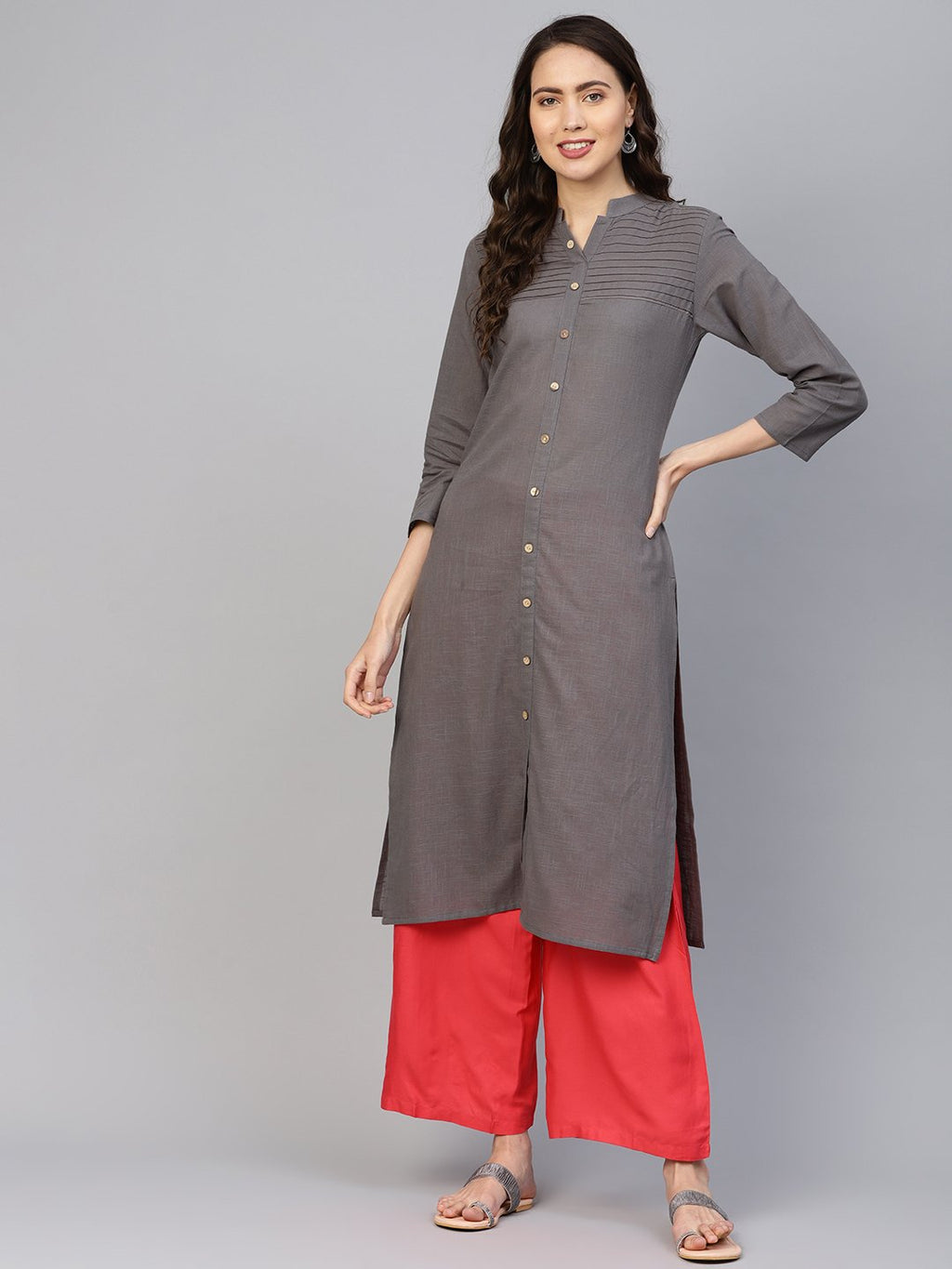 Jompers Women Grey Cotton Straight Kurta with Pintucks | Grocsy