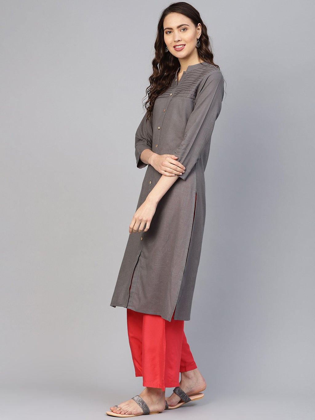 Jompers Women Grey Cotton Straight Kurta with Pintucks | Grocsy