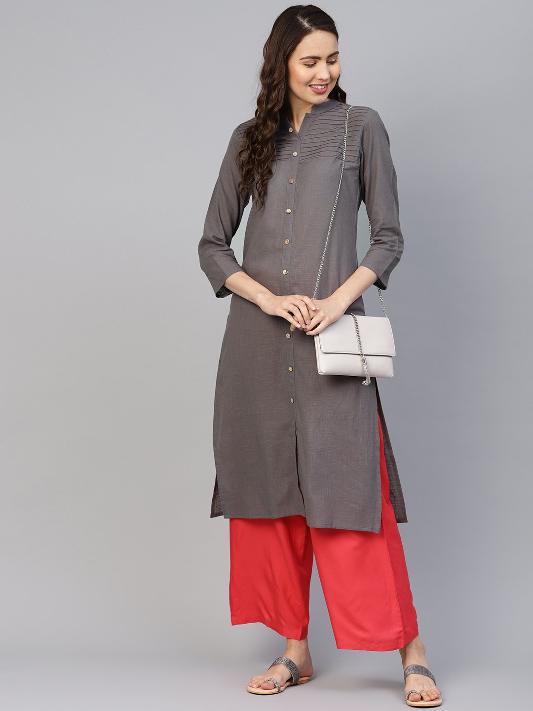 Jompers Women Grey Cotton Straight Kurta with Pintucks | Grocsy