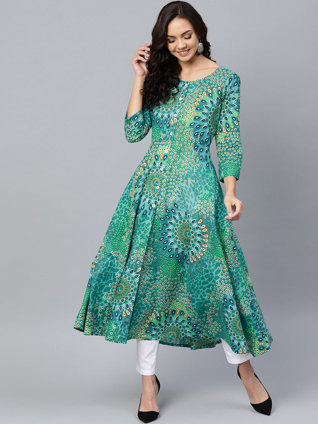 Jompers Women Green & White Printed Flared Kurta | Grocsy