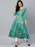 Jompers Women Green & White Printed Flared Kurta | Grocsy