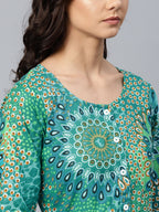 Jompers Women Green & White Printed Flared Kurta | Grocsy