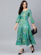 Jompers Women Green & White Printed Flared Kurta | Grocsy
