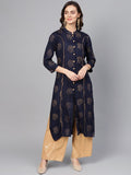 Jompers Women Navy Blue & Golden Printed Straight Kurta | Grocsy