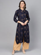 Jompers Women Navy Blue & Golden Printed Straight Kurta | Grocsy