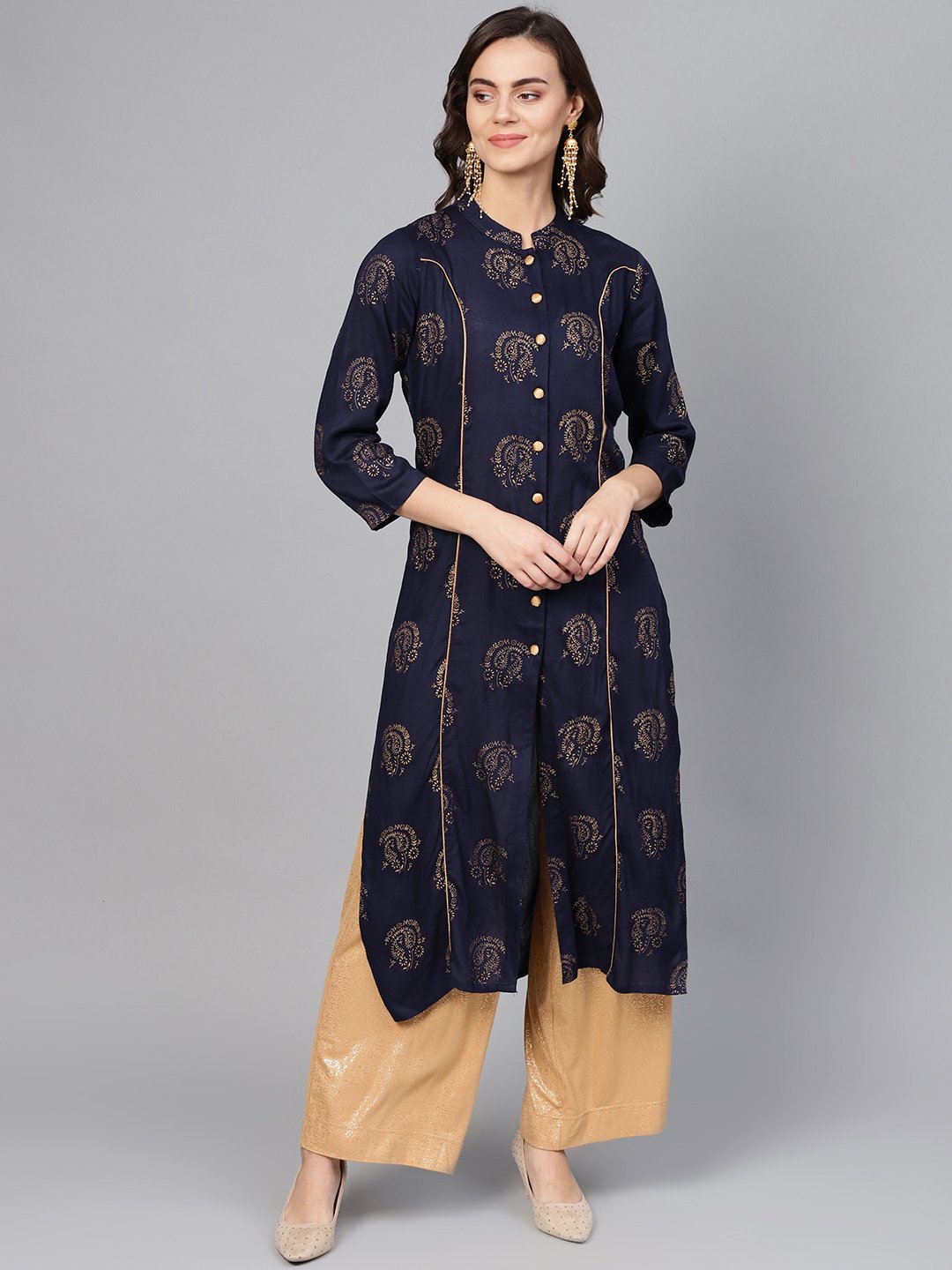 Jompers Women Navy Blue & Golden Printed Straight Kurta | Grocsy