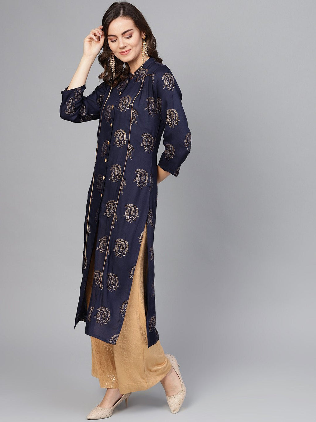 Jompers Women Navy Blue & Golden Printed Straight Kurta | Grocsy
