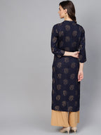 Jompers Women Navy Blue & Golden Printed Straight Kurta | Grocsy