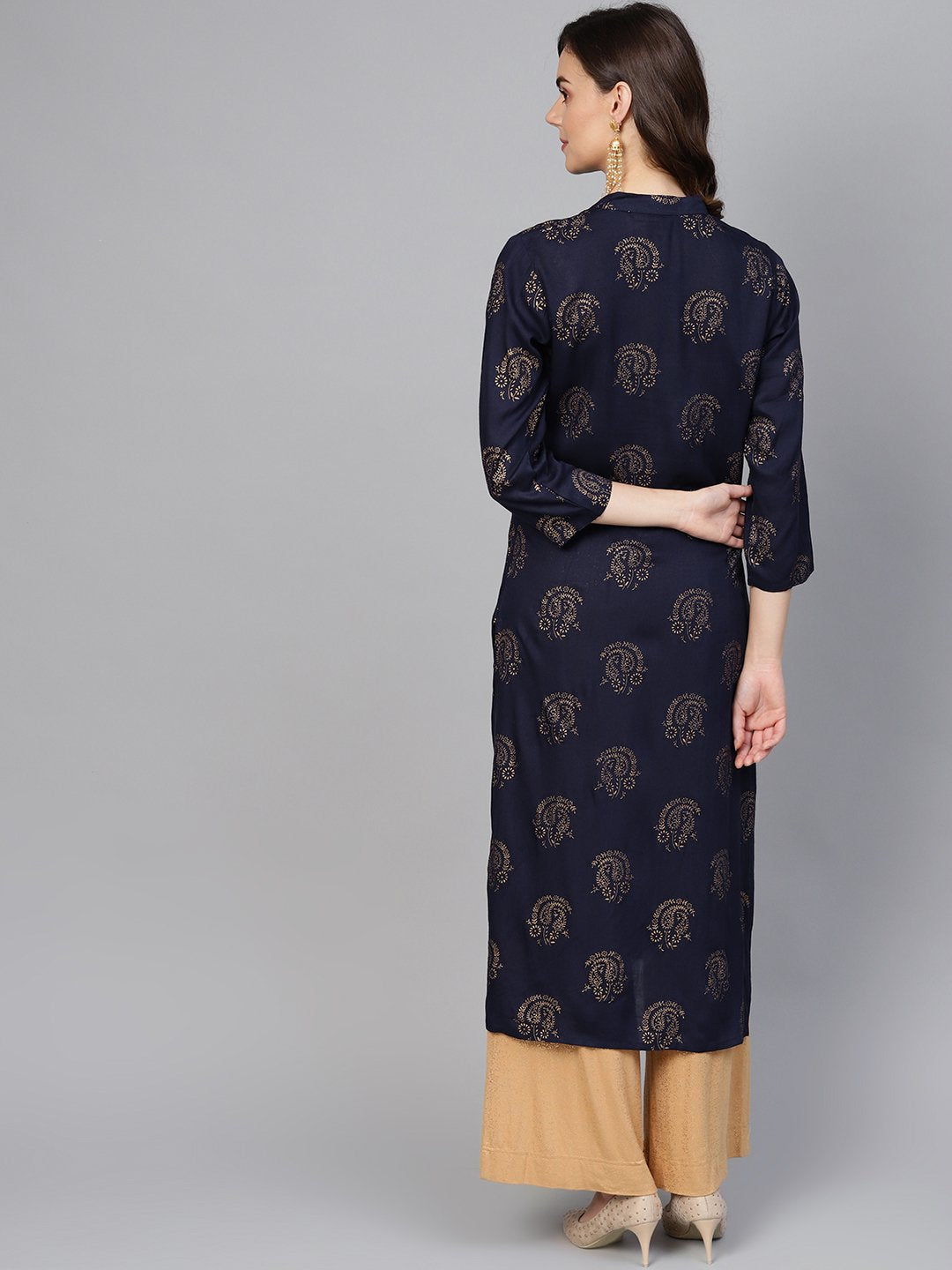 Jompers Women Navy Blue & Golden Printed Straight Kurta | Grocsy