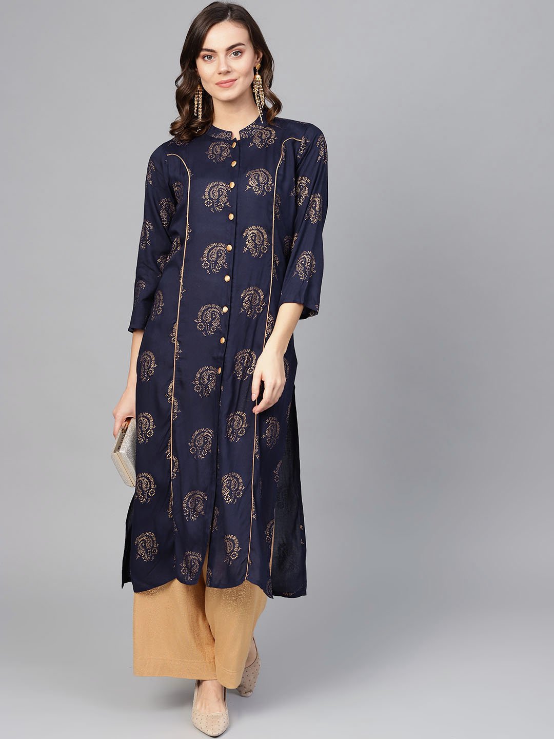 Jompers Women Navy Blue & Golden Printed Straight Kurta | Grocsy