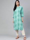 Jompers Women Green & White Ikkat Print Straight Kurta | Grocsy