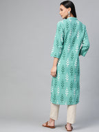 Jompers Women Green & White Ikkat Print Straight Kurta | Grocsy