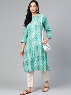 Jompers Women Green & White Ikkat Print Straight Kurta | Grocsy