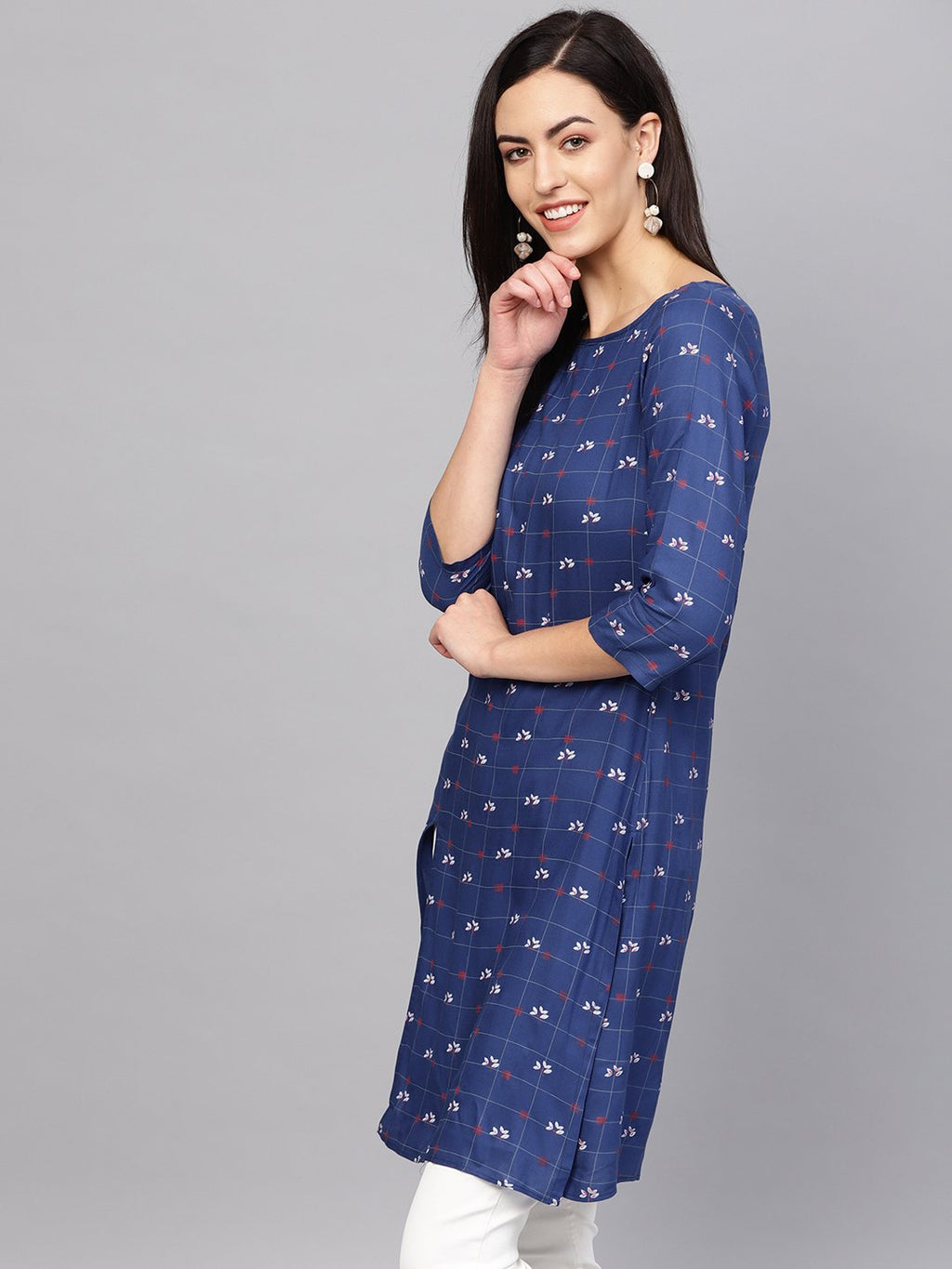 Jompers Women Blue & Off-White Checked Straight Kurta | Grocsy