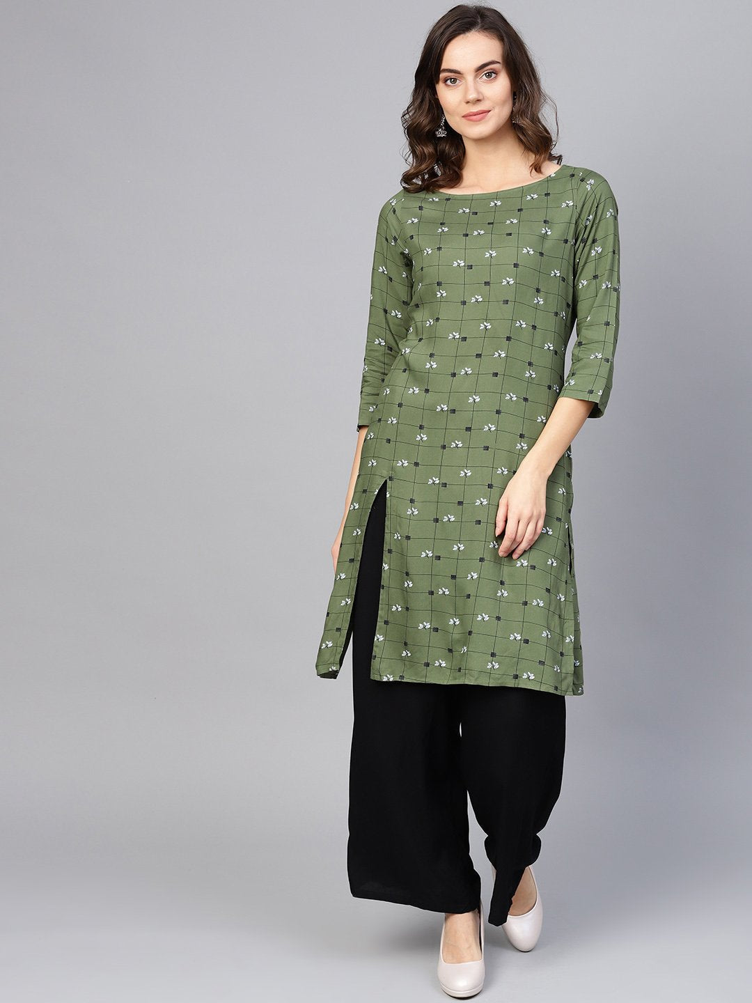 Jompers Women Olive Green & Off-White Checked Straight Kurta | Grocsy